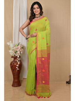 DipDiya - Women Achkol Green Pure Cotton Bengali Saree with Unstitched Blouse