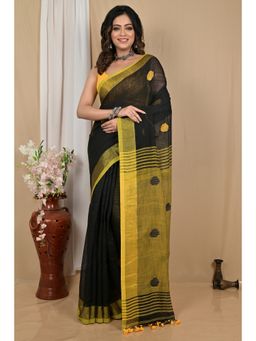 DipDiya - Women Achkol Black Pure Cotton Bengali Saree with Unstitched Blouse