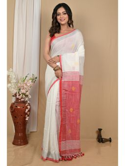 DipDiya - Women Achkol White Pure Cotton Bengali Saree with Unstitched Blouse