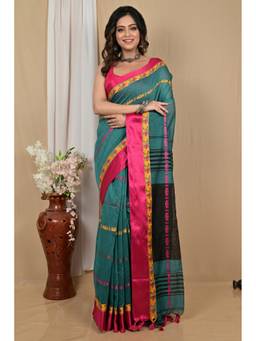 DipDiya - Women Achsit Teal Blended Cotton Bengali Saree with Unstitched Blouse