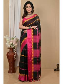 DipDiya - Women Achsit Black Blended Cotton Bengali Saree with Unstitched Blouse