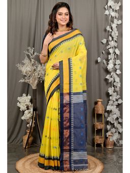 DipDiya - Women Debasi Yellow Blue Pure Cotton Bengali Handloom Saree without Blouse