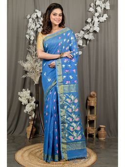 DipDiya - Women Dhrum Sky Blue Cotton Blend Bengali Saree with Unstitched Blouse