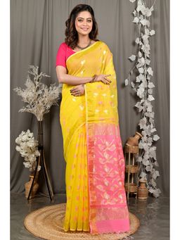 DipDiya - Women Dhrum Yellow Cotton Blend Bengali Saree with Unstitched Blouse