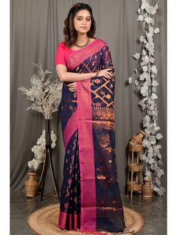 DipDiya - Women Dinui Navy Blue Blended Cotton Bengali Saree with Unstitched Blouse
