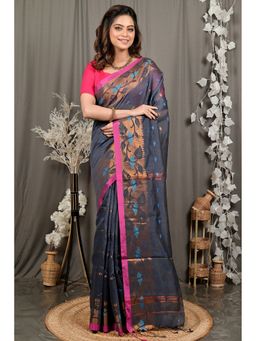 DipDiya - Women Dipani Grey Cotton Traditional Bengali Saree with Unstitched Blouse