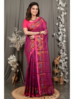 DipDiya - Women Dipani Magenta Cotton Traditional Bengali Saree with Unstitched Blouse