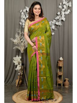 DipDiya - Women Dipani Green Cotton Traditional Bengali Saree with Unstitched Blouse