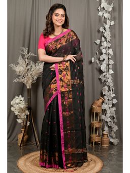 DipDiya - Women Dipani Black Cotton Traditional Bengali Saree with Unstitched Blouse