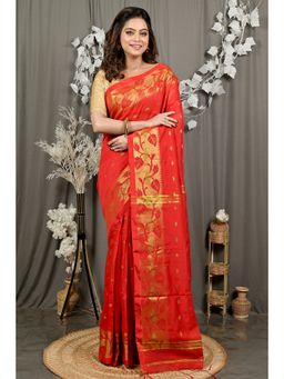 DipDiya - Women Dipani Red Cotton Traditional Bengali Saree with Unstitched Blouse