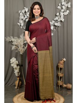 DipDiya - Women ThanKhaditu Dark Maroon Pure Cotton Saree with Unstitched Blouse
