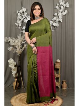 DipDiya - Women ThanKhaditu Mehendi Green Pure Cotton Saree with Unstitched Blouse