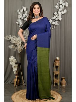 DipDiya - Women ThanKhaditu Blue Pure Cotton Bengali Saree with Unstitched Blouse