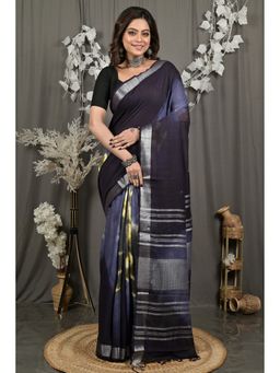 DipDiya - Women Finui Navy Blue Pure Cotton Bengali Saree with Unstitched Blouse