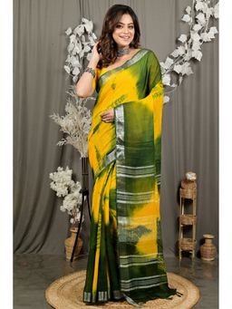DipDiya - Women Finui Yellow Pure Cotton Bengali Saree with Unstitched Blouse