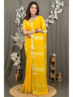 DipDiya - Women Finui Yellow Pure Cotton Bengali Saree with Unstitched Blouse