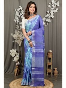 DipDiya - Women Finui Blue Pure Cotton Bengali Saree with Unstitched Blouse