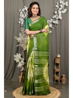 DipDiya - Women Finui Green Pure Cotton Bengali Saree with Unstitched Blouse
