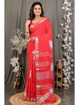 DipDiya - Women Finui Red Pure Cotton Bengali Saree with Unstitched Blouse