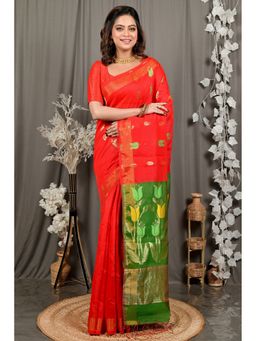 DipDiya - Women Foyani Red Blended Cotton Bengali Saree with Unstitched Blouse