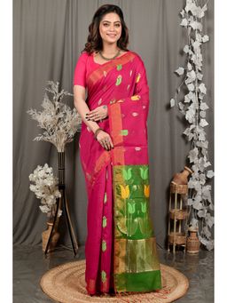 DipDiya - Women Foyani Pink Blended Cotton Bengali Saree with Unstitched Blouse