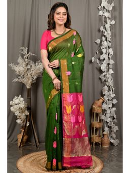 DipDiya - Women Foyani Dark Green Blended Cotton Bengali Saree with Unstitched Blouse
