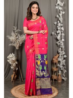DipDiya - Women Foyani Pink Blended Cotton Bengali Saree with Unstitched Blouse