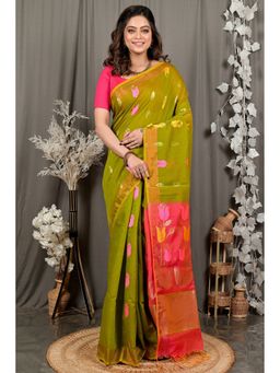 DipDiya - Women Foyani Green Blended Cotton Bengali Saree with Unstitched Blouse