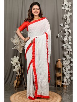 DipDiya - Women Borma White Pure Cotton Bengali Handloom Saree with Unstitched Blouse