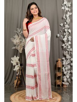 DipDiya - Women Borma White Pure Cotton Bengali Handloom Saree with Unstitched Blouse