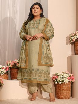 Extra love by Libas - Beige Ikat Printed Kurta with Pant and Dupatta