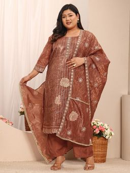 Extra love by Libas - Rust Floral Embellished Straight Kurta with Pant and Dupatta