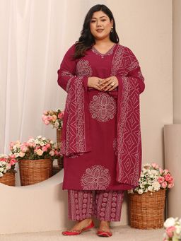 Extra love by Libas - Red Bandhani Printed Straight Kurta with Pant and Dupatta