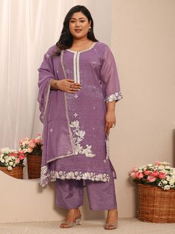 Extra love by Libas - Purple Floral Embroidered Straight Kurta with Pant and Dupatta