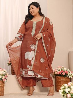 Extra love by Libas - Rust Floral Embroidered Kurta with Pant and Dupatta