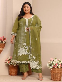 Extra love by Libas - Green Floral Embroidered Straight Kurta with Pant and Dupatta