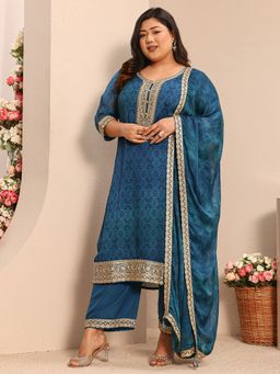 Extra love by Libas - Teal Ethnic Motif Printed Straight Kurta with Pant and Dupatta