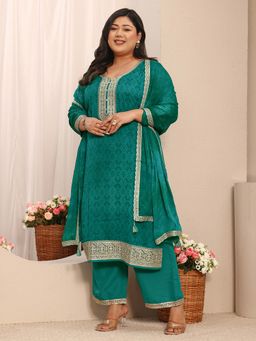 Extra love by Libas - Green Ethnic Motif Printed Straight Kurta with Pant and Dupatta