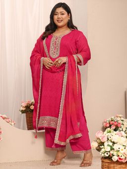 Extra love by Libas - Pink Ethnic Motif Printed Straight Kurta with Pant and Dupatta