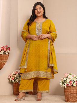 Extra love by Libas - Mustard Ethnic Motif Printed Straight Kurta with Pant and Dupatta