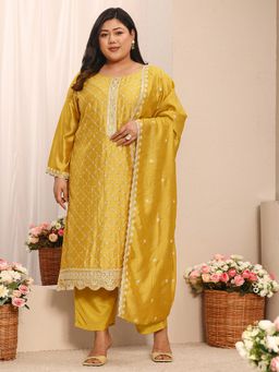Extra love by Libas - Mustard Ethnic Embroidered Straight Kurta with Palazzo and Dupatta