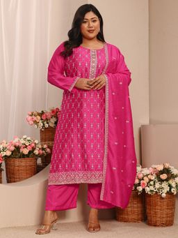 Extra love by Libas - Pink Ethnic Embroidered Straight Kurta with Palazzo and Dupatta