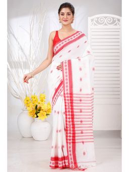 DipDiya - Women Guti Hand White Pure Cotton Bengali Saree with Unstitched Blouse