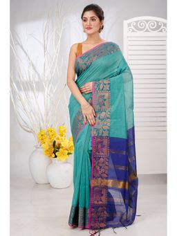 DipDiya - Women Swarno Teal Pure Cotton Bengali Saree with Unstitched Blouse
