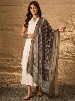 InWeave - Brown Leaf Printed Zari Border Dupatta