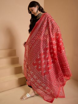 InWeave - Red White Leaf Print Dupatta