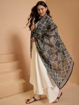InWeave - Charcoal Grey Ajrak Print Dupatta