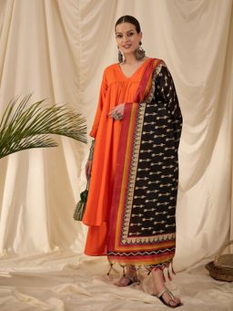 InWeave - Red Border Black Ikkat Dupatta