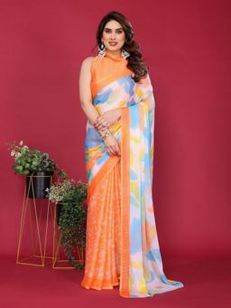 Odette - Women Orange Silk Floral Saree with Unstitched Blouse