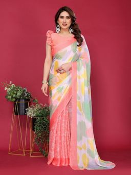 Odette - Women Peach Silk Floral Saree with Unstitched Blouse